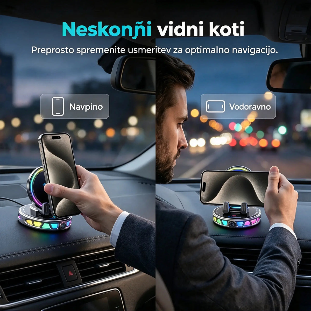 📱 Avtomobilsko držalo z RGB-osvetlitvijo, samodejnim vpenjanjem in 15-vatnim brezžičnim polnjenjem