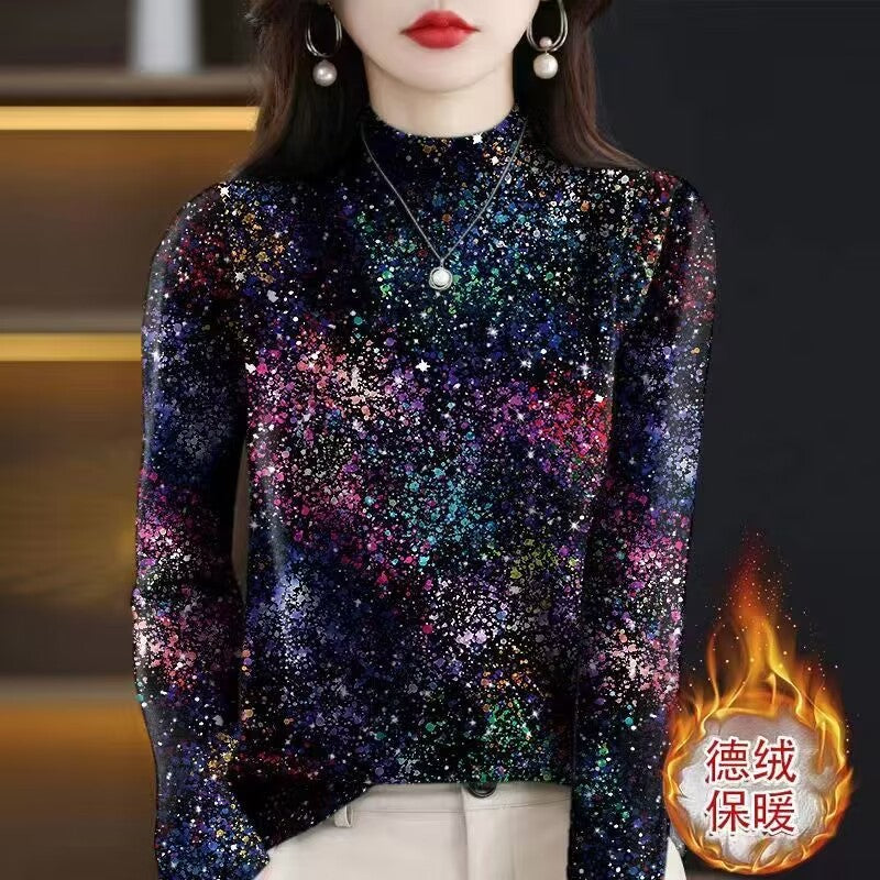 🔥【S-4XL】Damska modna bluza z nadrukiem, wysokim kołnierzem i ciepłą fleecową podszewką