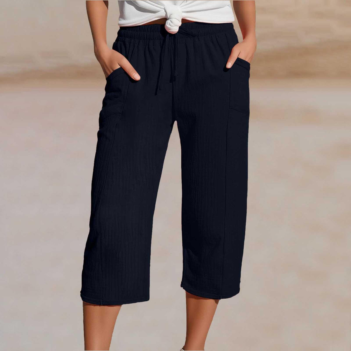 💖👖👖Ženske enobarvne kapri hlače z naborki iz bombaža in lana - hladne in zračne, laskajo obliki nog, elegantne in ležerne
