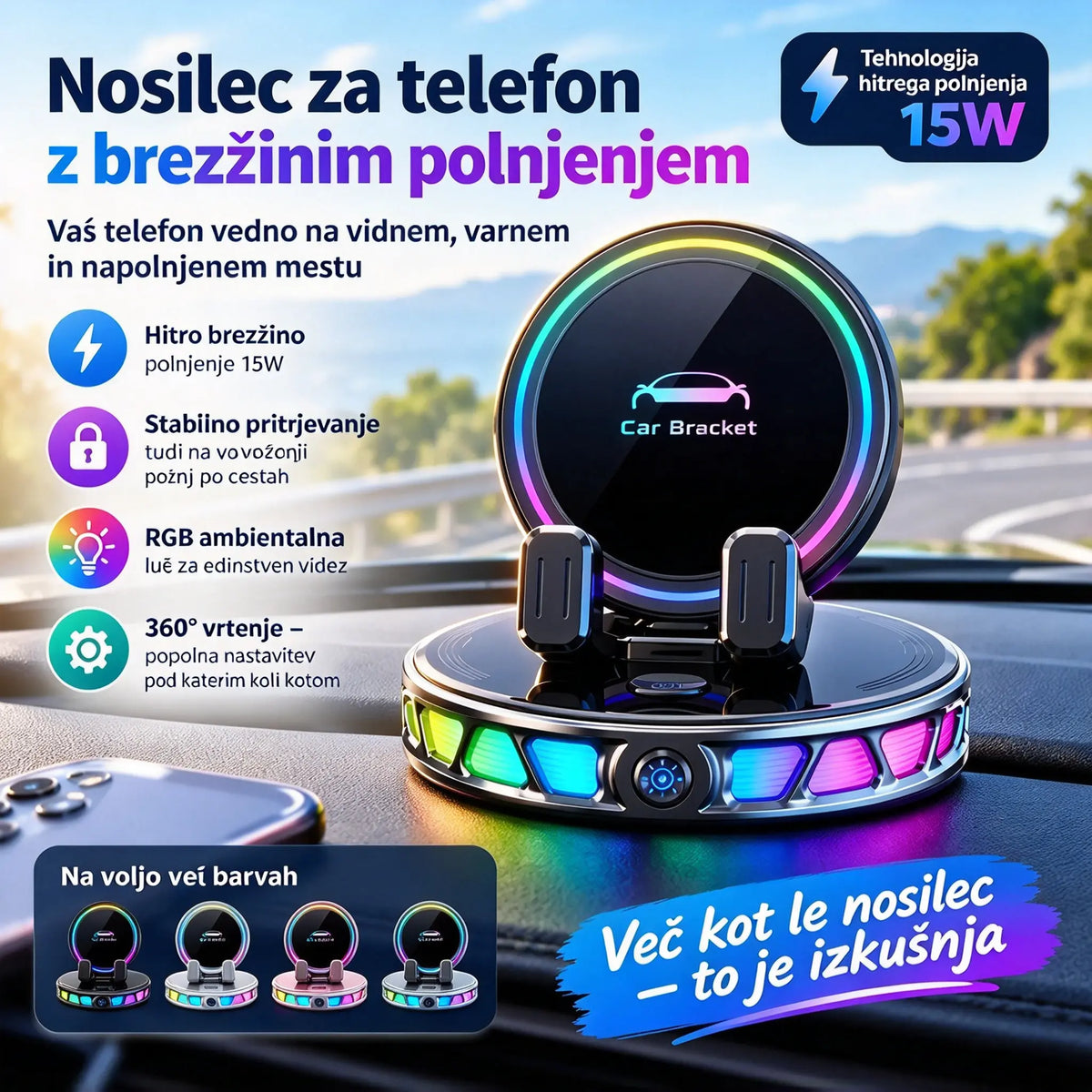 📱 Avtomobilsko držalo z RGB-osvetlitvijo, samodejnim vpenjanjem in 15-vatnim brezžičnim polnjenjem