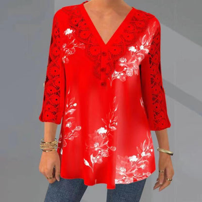 🔥【M–5XL】Elegantna bluza iz čipke in šifona – izrez, 3/4 rokavi in V-izrez
