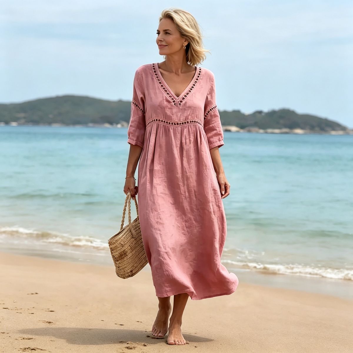 👗【S-3XL】Poletna modna bombažno-lanena obleka z V-izrezom, zračna, udobna in vitka