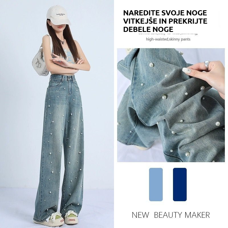 🥇Ženske ravne kavbojke z biseri, ohlapen kroj, modne in elegantne