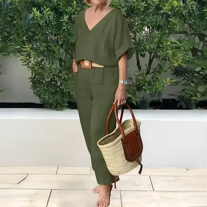Eleganten ženski komplet iz lana in bombaža: ohlapna bluza z V-izrezom in dolge hlače, mehak, zračen in hladen material