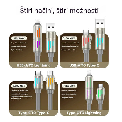 🔥 【2 kosa za 22 evrov】 🔥 (dolžina 2 metra) 4-v-1 kabel PD 240 W – hitro polnjenje USB‑C, Lightning in USB‑A, aluminij in silikon, sinhronizacija podatkov ⚡📱