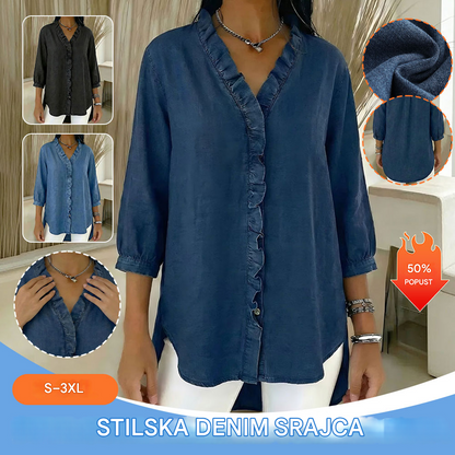 🔥 Plačilo po povzetju ✅️【40–100 kg】Neformalna ženska denim srajca z V-izrezom in volančki
