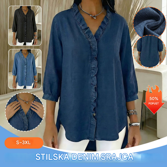 🔥 Plačilo po povzetju ✅️【40–100 kg】Neformalna ženska denim srajca z V-izrezom in volančki
