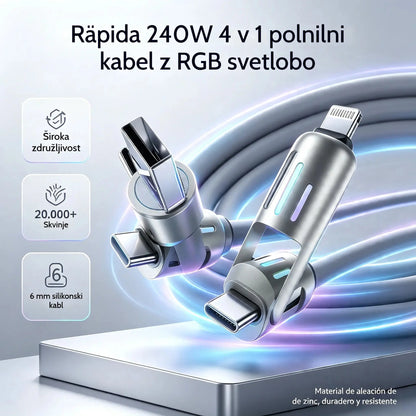 🔥 【2 kosa za 22 evrov】 🔥 (dolžina 2 metra) 4-v-1 kabel PD 240 W – hitro polnjenje USB‑C, Lightning in USB‑A, aluminij in silikon, sinhronizacija podatkov ⚡📱
