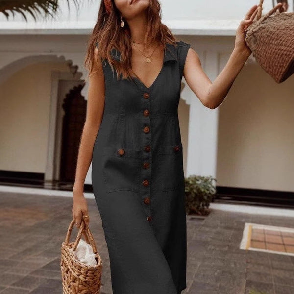 💥【S-5XL】Vestido de lino para mujer, cierre de botones, con bolsillos.